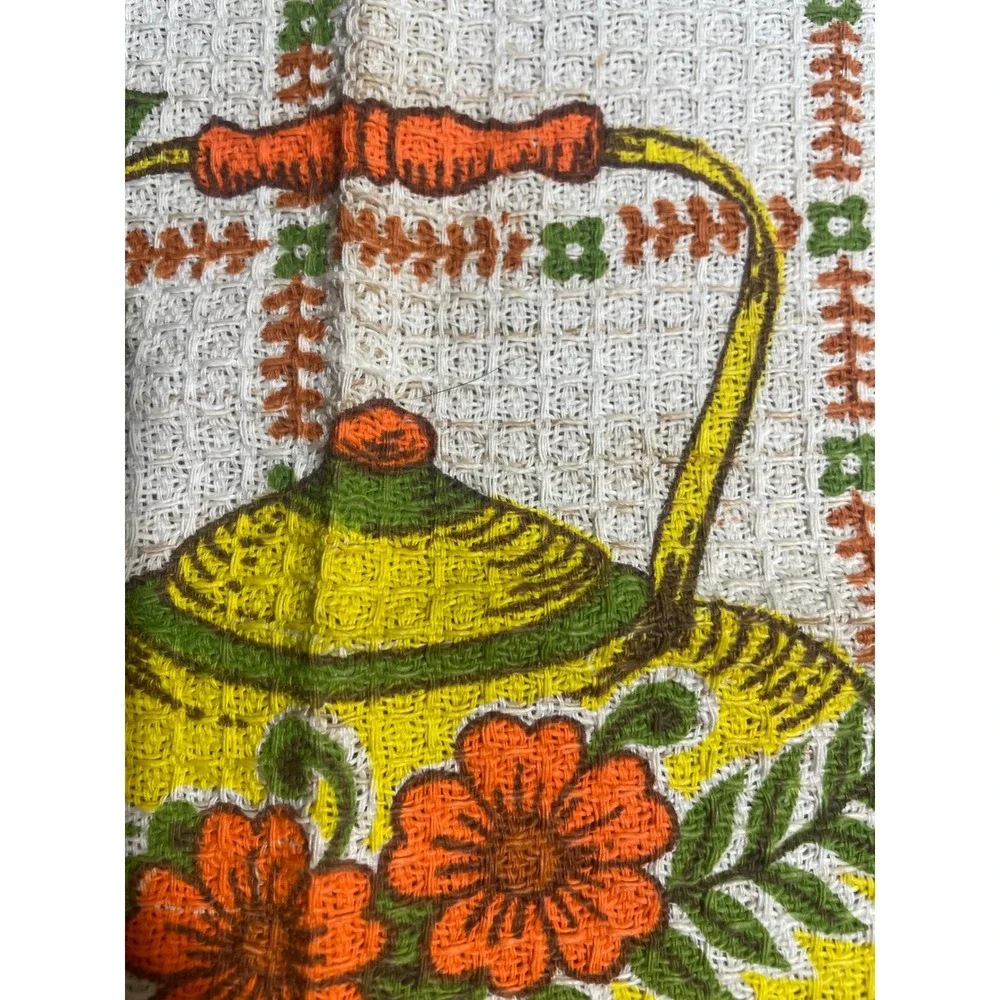 Vintage Leshner Waffle Weave Cotton Kitchen Tea Towel Retro Floral Fruit Orange